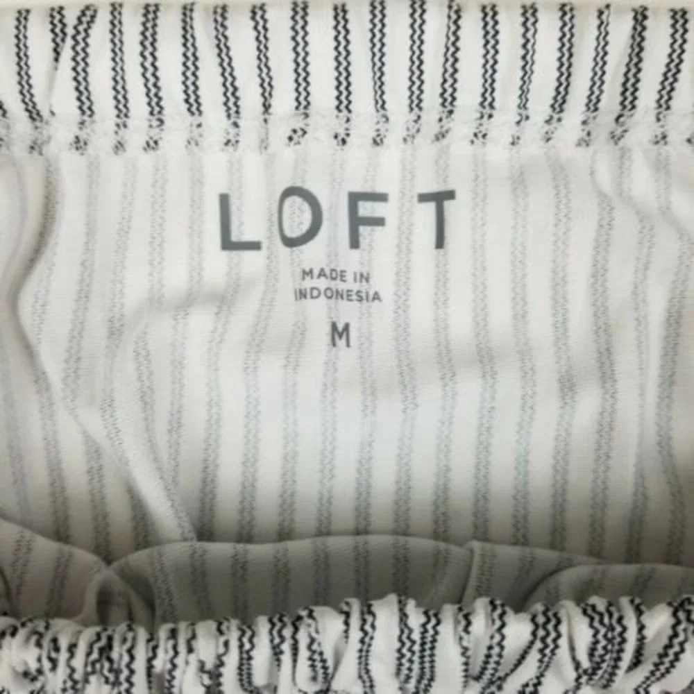 LOFT Blouse Medium Navy Blue Pinstripe Off the Shoulder Puff Sleeve Striped Top